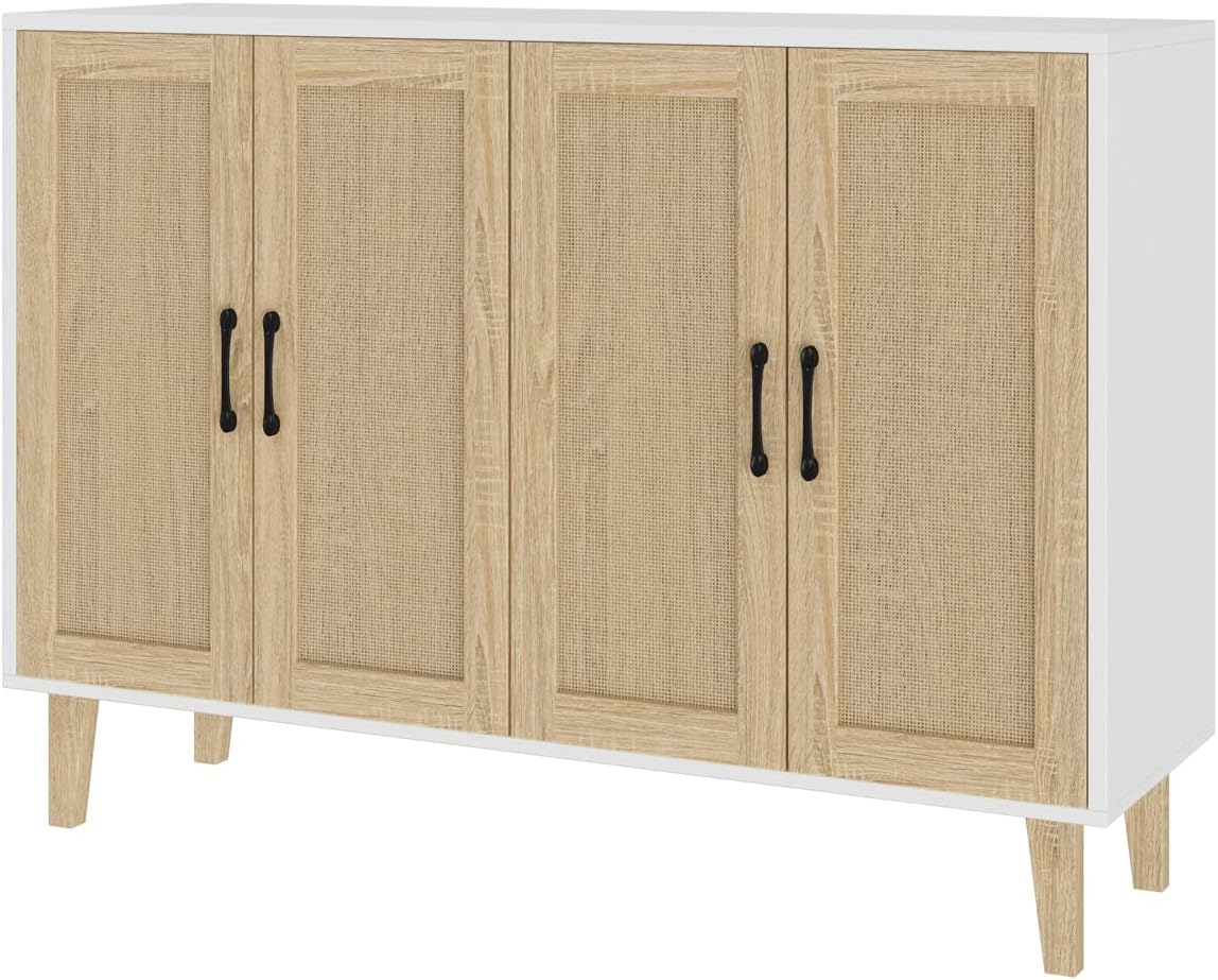 Modern Rattan Sideboard Cabinet, Wooden Buffet Storage Console with Rattan Decor Doors, Versatile Accent Storage Furniture for Kitchen, Living Room, Hallway Entryway