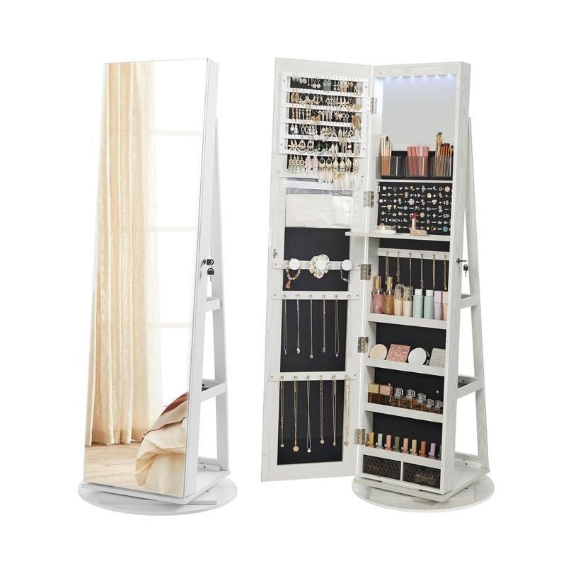 LED Full-Length Mirror Jewelry Cabinet, 360° Rotating Storage, Lockable Display Cabinet, Frameless Floor Standing Mirror, Rotatable Organizer with Shelves [Plus A Free Gift]