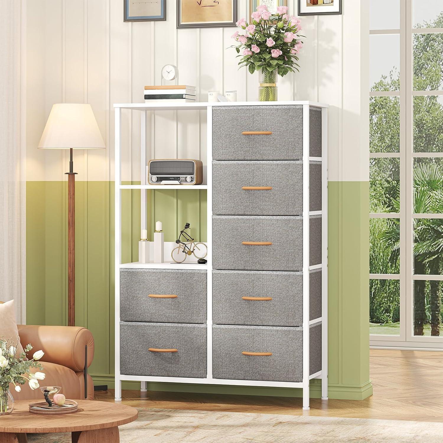 7-Drawer Fabric Storage Tower with Steel Frame & Wood Top Easy-Pull Handles for Bedroom Hallway Entryway & Closet Spacious Multi-Zone Storage Modern Aesthetic Lightweight & Easy to Relocate