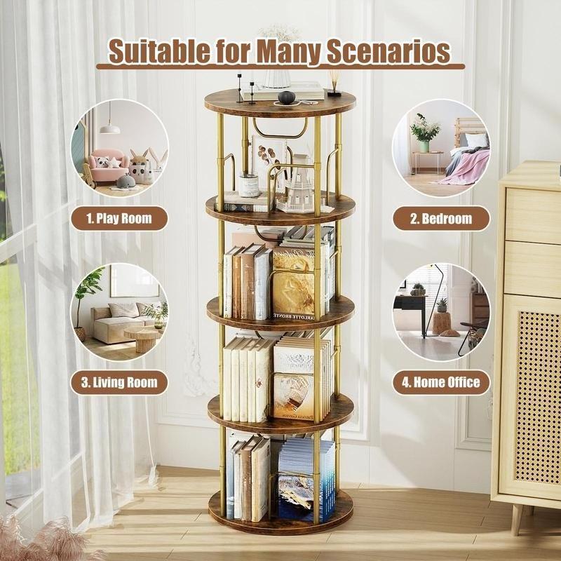 360° Rotating Bookshelf, 4-5 Tier Spinning Tower Bookcase, Round High-Capacity Storage Organizer, Space Saving Freestanding Book Shelf for Home Study Bedroom Office