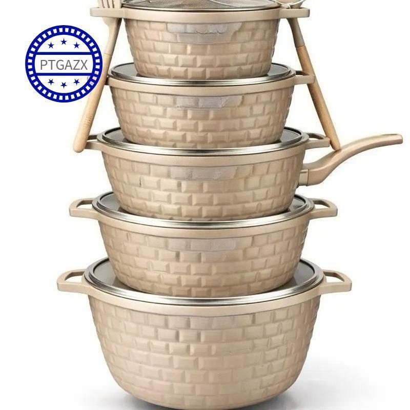 5‑Piece Die‑Cast Non‑Stick Cookware Set, Kitchen Pots and Pans Set‑Including 20/24/28/32cm Casserole Stock Pots & 28cm Frying Pan with 2 Cooking Spoons, Compatible with Induction, Gas & Electric Stovetops