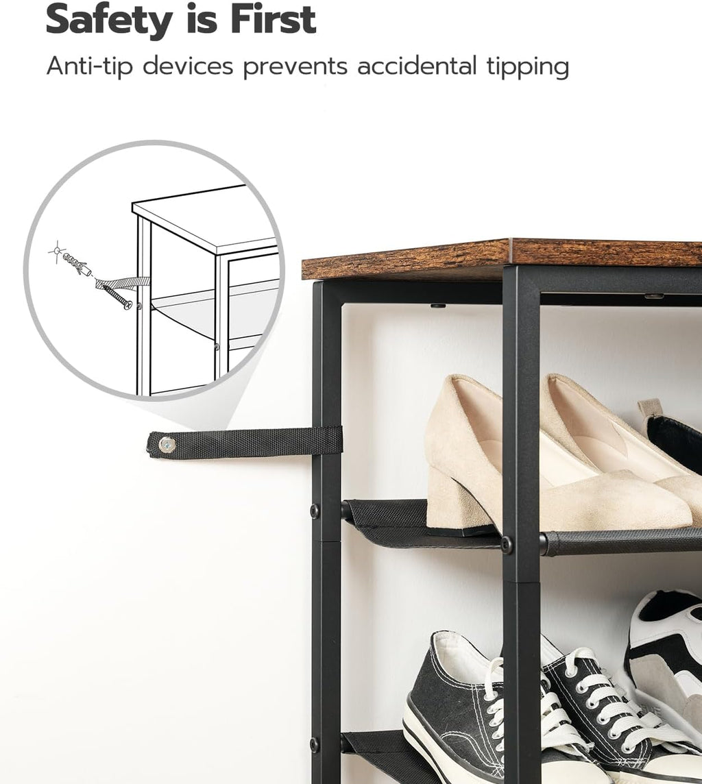 4 Tier Shoe Rack, Rustic Brown Industrial Style - 3 Oxford Fabric Shelves + Top Panel, Holds 12-16 Pairs, Ideal for Closet & Entryway Shoe Storage