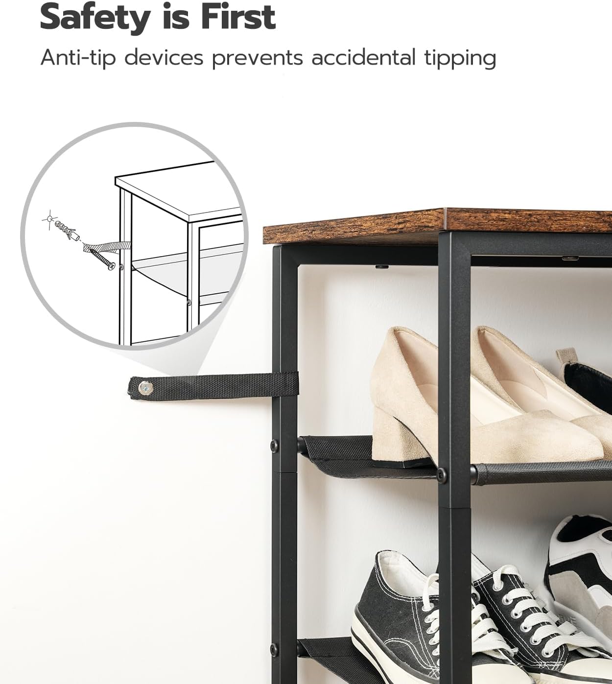 4 Tier Shoe Rack, Rustic Brown Industrial Style - 3 Oxford Fabric Shelves + Top Panel, Holds 12-16 Pairs, Ideal for Closet & Entryway Shoe Storage