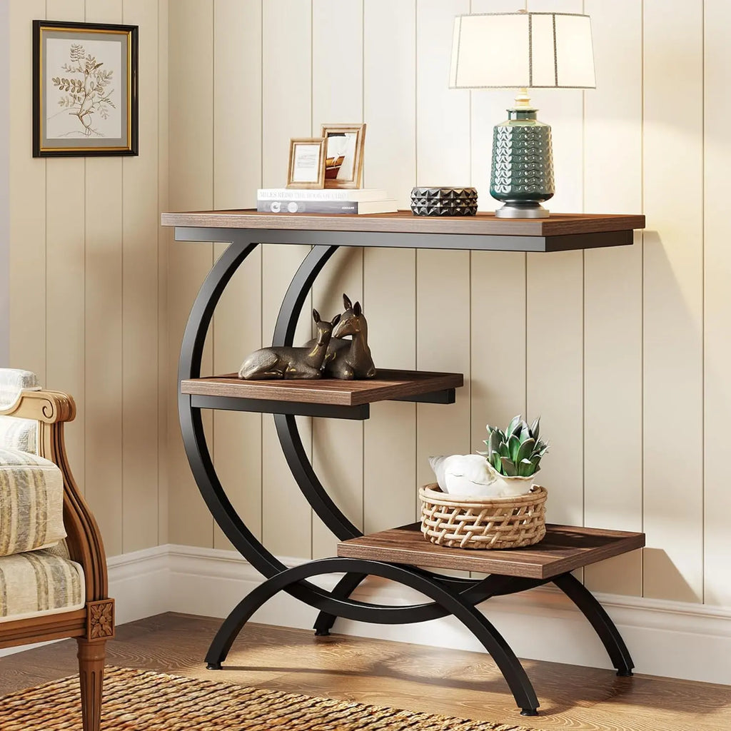 Tribesigns Rustic Brown C-Shaped End Table: 3-Tier Industrial Couch Side Table, Compact Wood Snack Table with Storage Shelves, Ideal for Small Living Spaces  , Space Saving End Table