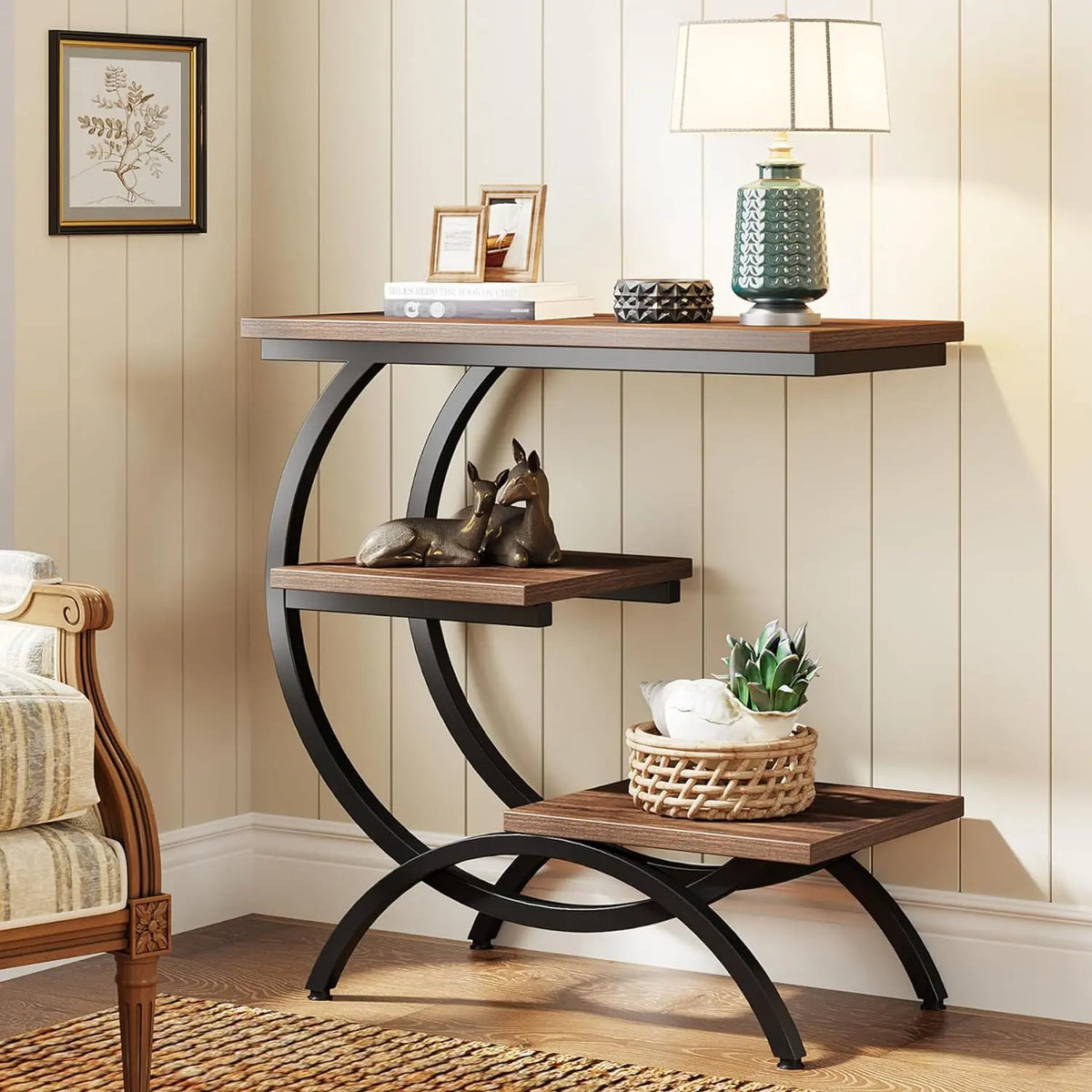 Tribesigns Rustic Brown C-Shaped End Table: 3-Tier Industrial Couch Side Table, Compact Wood Snack Table with Storage Shelves, Ideal for Small Living Spaces  , Space Saving End Table
