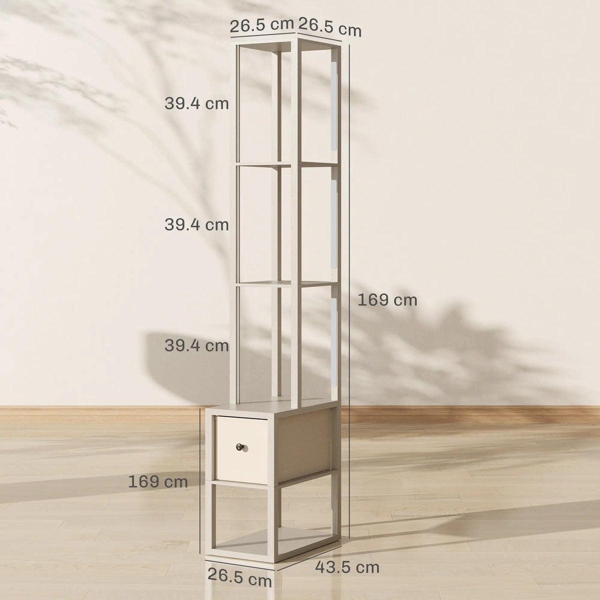 Modern Column Floor Lamp, LED Standing Lamp with Multi‑Tier Storage Shelves & Fabric Drawer, 3‑Level Adjustable Brightness with Foot Switch, Tall Display Lamp for Living Room, Bedroom, Study & Home Office