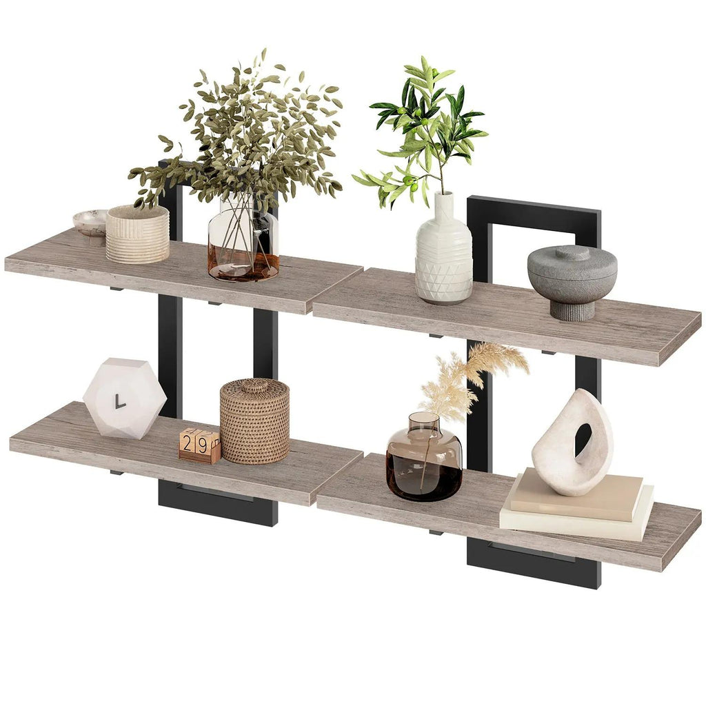 Set of 2 Double‑Tier Floating Wall Shelves, Wall‑Mounted Storage Display Racks, Heavy‑Duty Particleboard Metal Frame Wall Shelf for Kitchen Living Room Bedroom Bathroom Home Decor