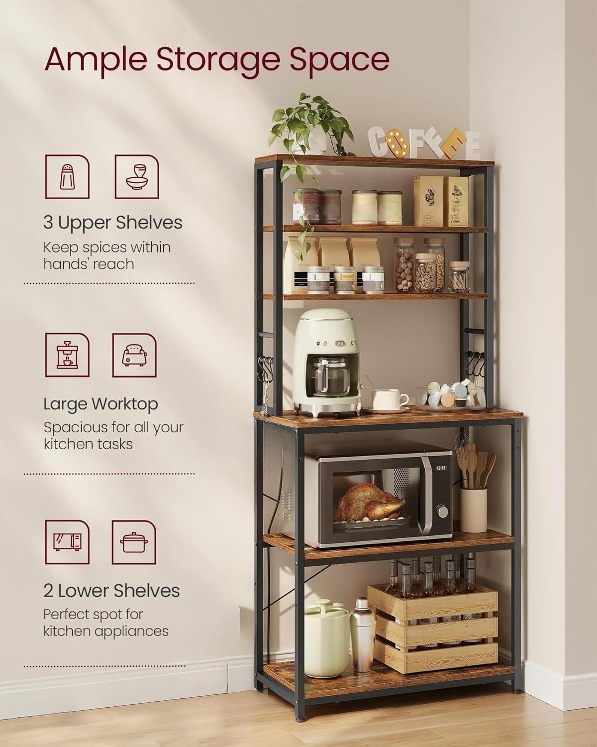 6‑Tier Heavy‑Duty Baker’s Rack with 6 Hooks, Freestanding Microwave Coffee Bar Storage Organizer for Kitchen Pantry Countertop