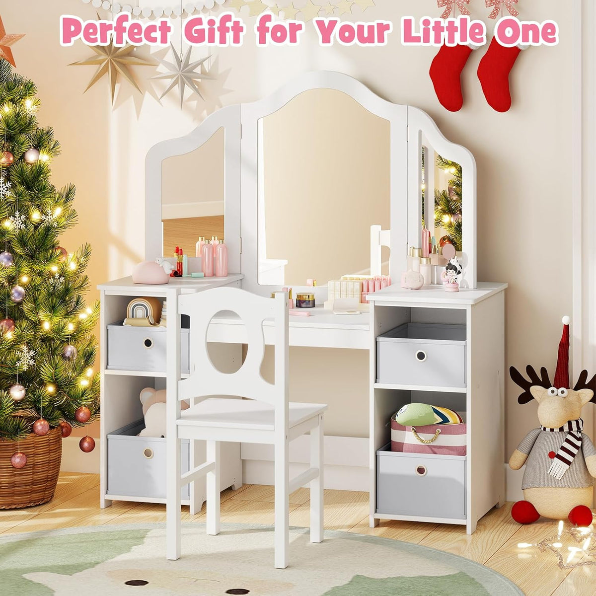 【NS】Kids Vanity Table and Stool Set, Princess Makeup Dressing Tables with Tri-Folding Detachable Mirror, 4 Storage Shelves, Wooden Children Study Desk for 3+ Years Old (White with Grey Bins)