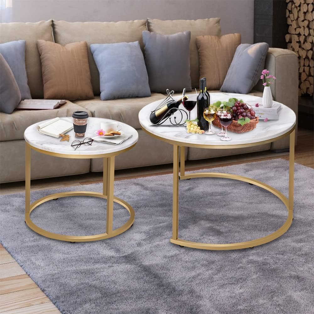 Garden 4 you Round Nesting Coffee Table Set of 2 for Living Room,Marble Center Tea Nest of Table with Metal Frame,End Side table for Small Space/Living Room/Bedroom, White Gold, 60 x 60 x 50.5cm