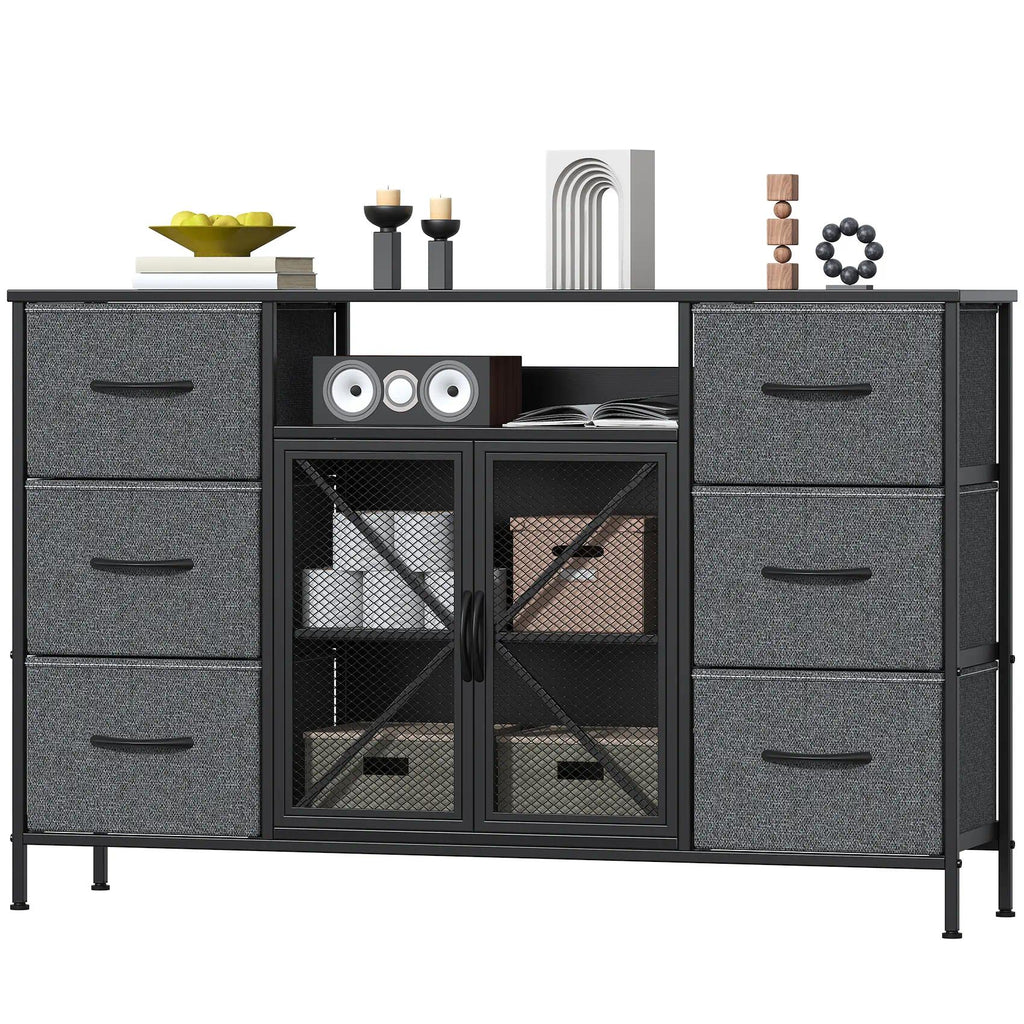 Fabric Storage Dresser with 6 Drawers, Sturdy Metal Frame Organizer Chest, Wooden Top & Mesh Cabinet Design, Versatile Home Furniture for Bedroom Living Room Hallway Entryway