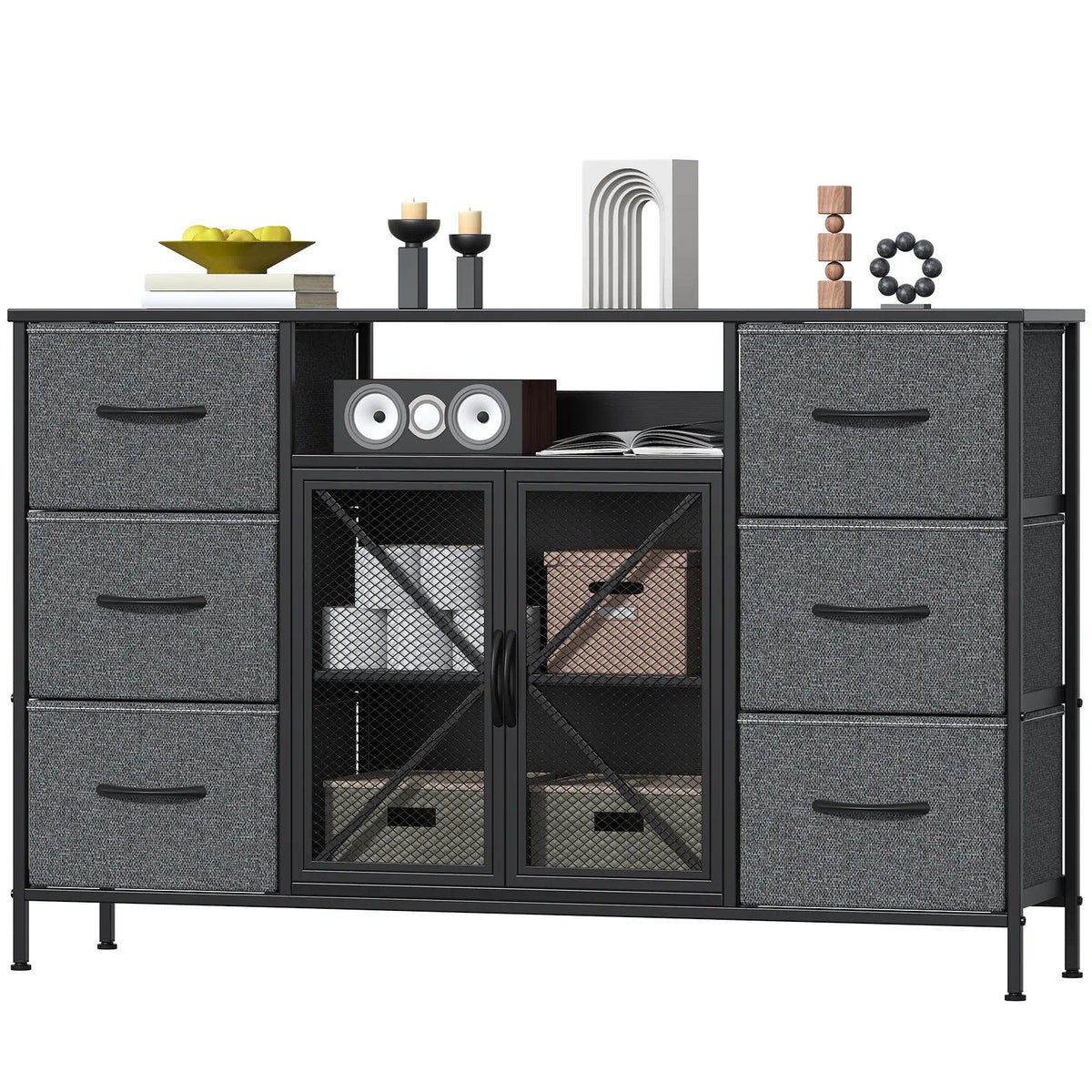 Fabric Storage Dresser with 6 Drawers, Sturdy Metal Frame Organizer Chest, Wooden Top & Mesh Cabinet Design, Versatile Home Furniture for Bedroom Living Room Hallway Entryway