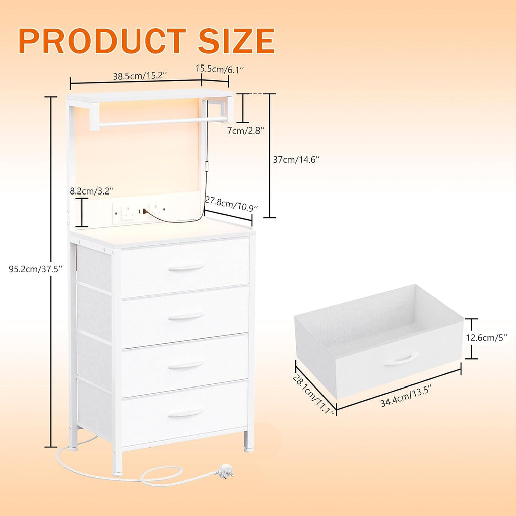 MUTUN Bedside Table with Charging Station, Bedside Cabinet with LED Light, Nightstand with Wood Shelf, 4 Fabric Drawers Side Table for Bedroom, White