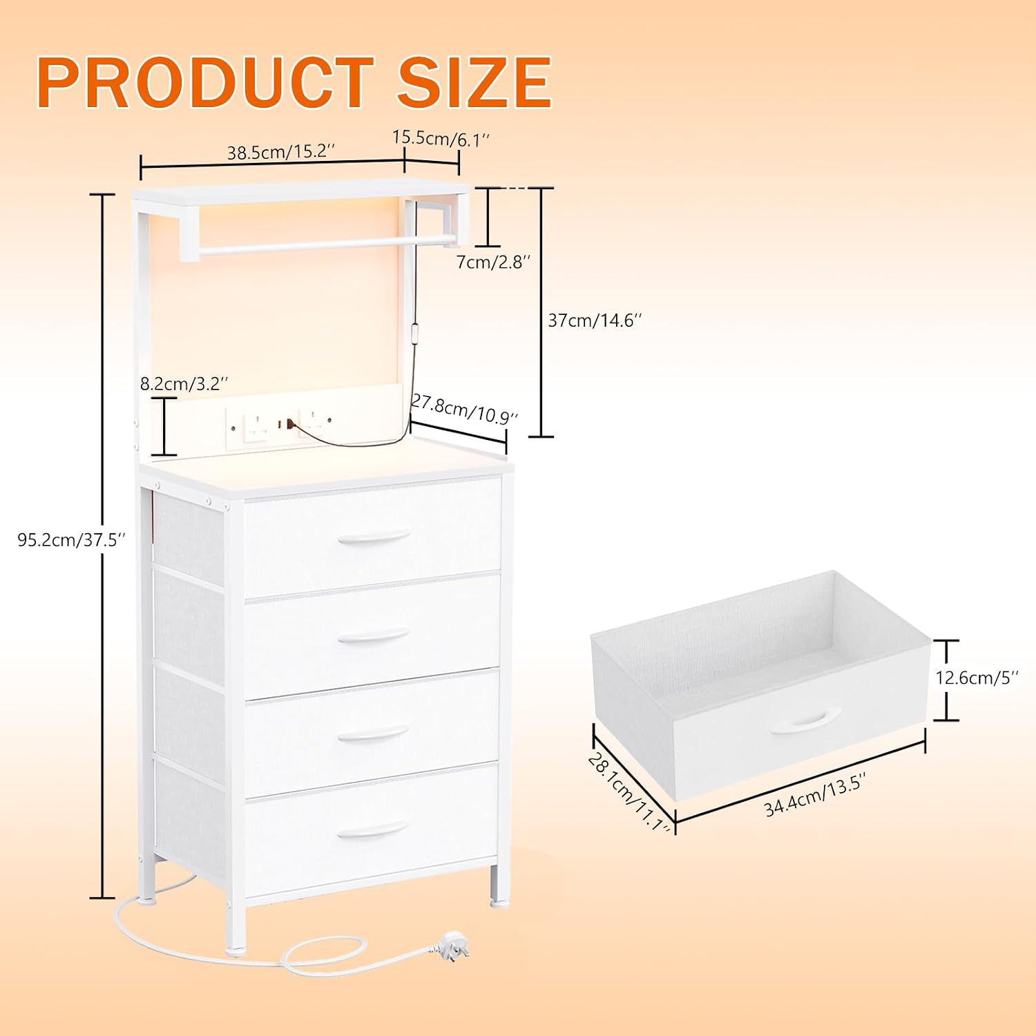 MUTUN Bedside Table with Charging Station, Bedside Cabinet with LED Light, Nightstand with Wood Shelf, 4 Fabric Drawers Side Table for Bedroom, White