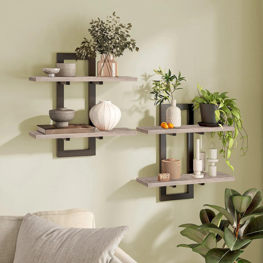 Set of 2 Double‑Tier Floating Wall Shelves, Wall‑Mounted Storage Display Racks, Heavy‑Duty Particleboard Metal Frame Wall Shelf for Kitchen Living Room Bedroom Bathroom Home Decor