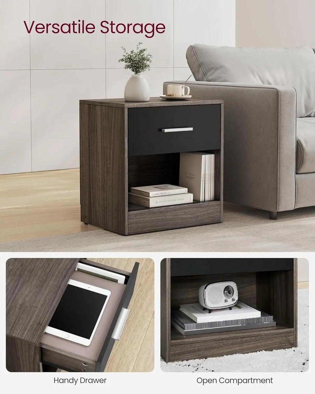 Bedside Table with Drawer and Open Shelf, Nightstand for Bedroom, Small Side Table for Living Room, Compact End Table with Storage [Plus A Free Gift]