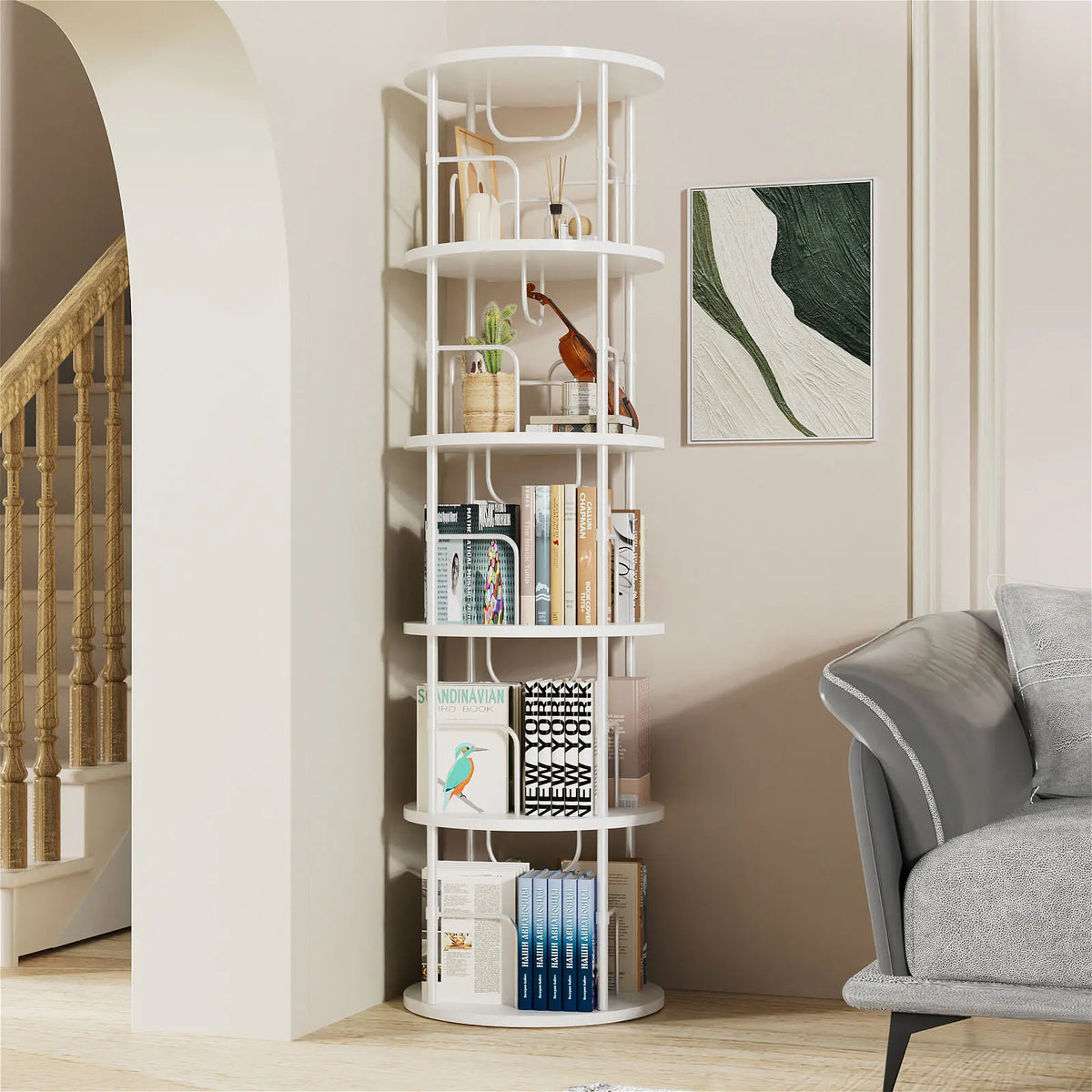 Flycity Rotating Bookshelf,3 Tier -5 Tier Spinning Bookshelf Tower,360° Display Unique Round Bookcase,Floor Standing Corner Revolving Bookshelf Storage Organizer for Home Study Office