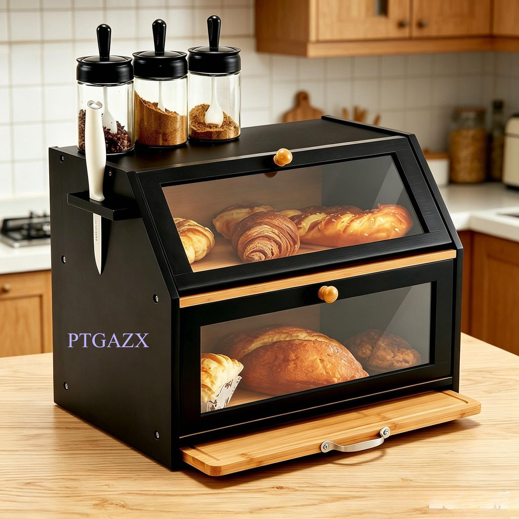 Large Double Layer Bamboo Bread Bin, Multi-Functional Bread Storage Box with Cutting Board & Transparent Window, Countertop Organizer for Bread, Salt, Pepper & Jam,