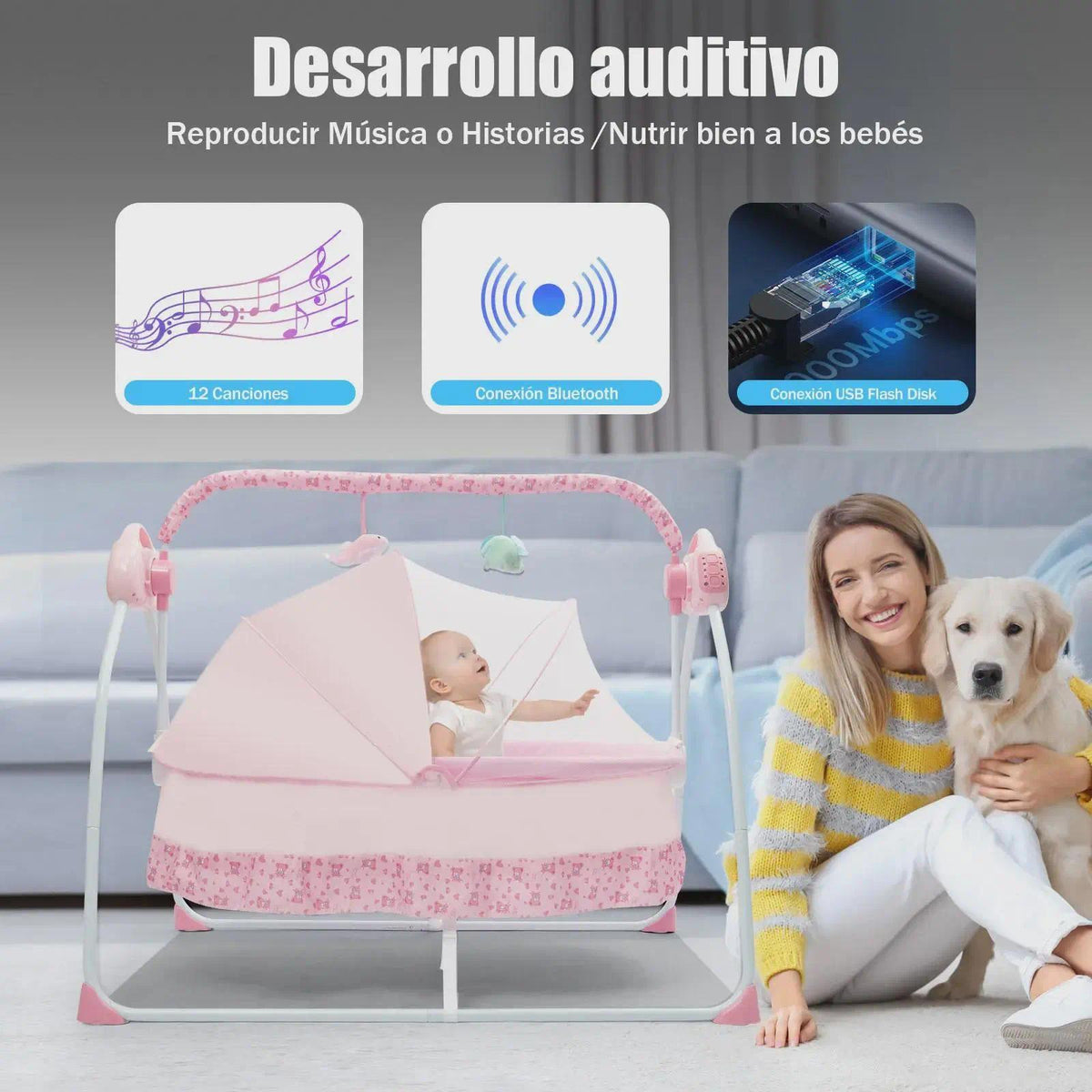 Pink Auto‑Swing Baby Cradle, Auto Rocking Infant Bassinet with Hanging Toys & Built‑in Lullaby Music, Timer Setting, Adjustable Swing Speed, Portable Soothing Sleep Bed for 0‑12 Months Newborn Baby