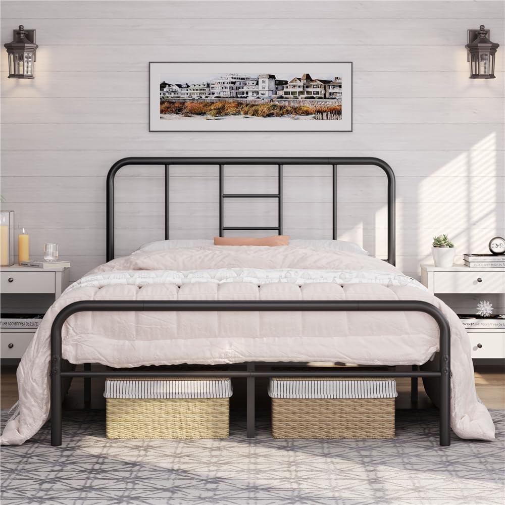 Yaheetech 4ft6 Double Metal Bed Frame Curved Headboard Heavy Duty, Black