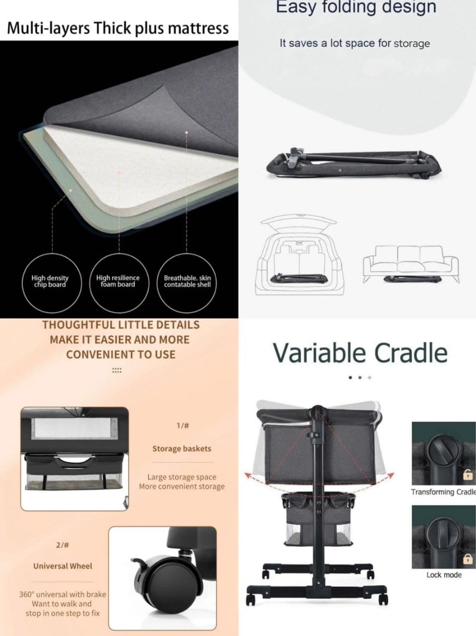 3 in 1 Baby Crib, Baby Cradle, Bassinet, Infant Cot, Bedside Sleeper, Travel Cot, with Mattress and Changing Table, Folding, Adjustable, Rocking, Portable Crib, Mosquito Net and Wheels New