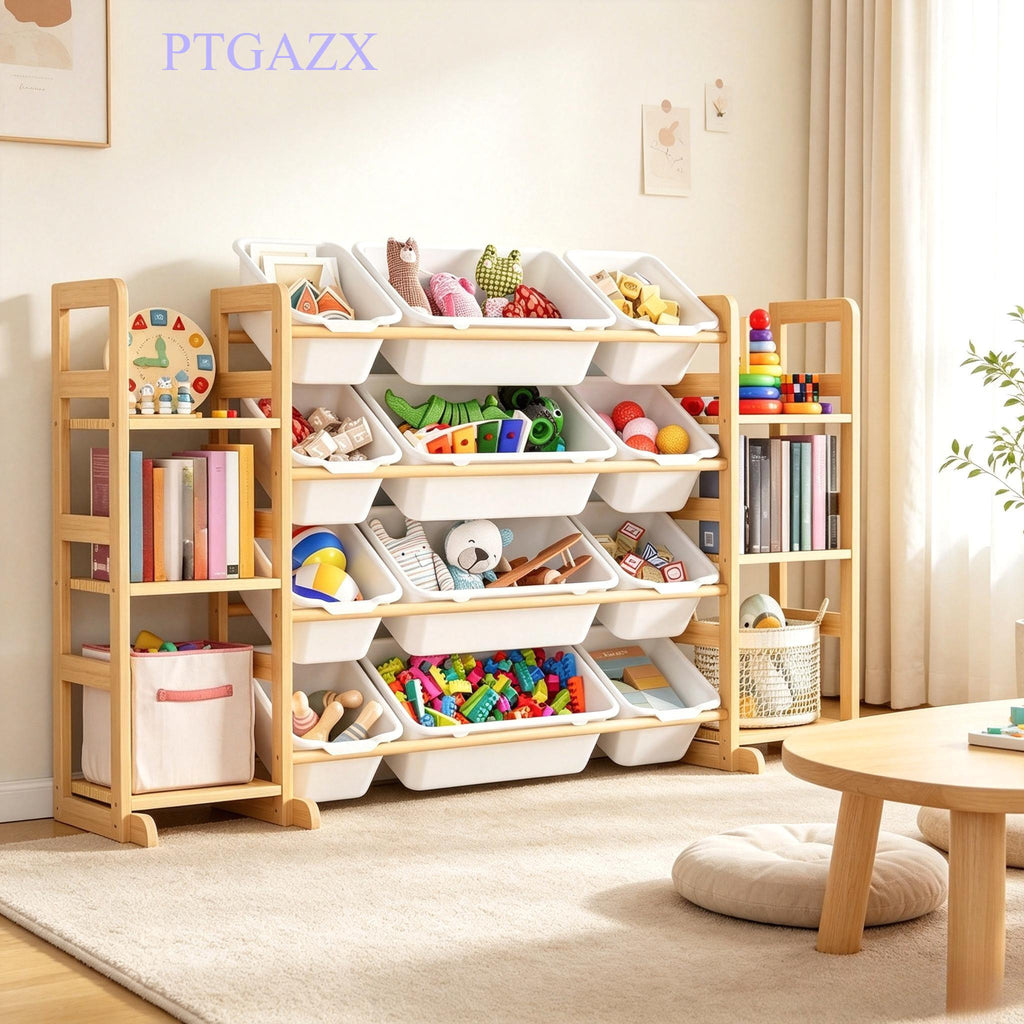 Kids Wooden Toy Storage Organizer, Toy Shelving Unit with 12 Removable Bins & 6 Open Shelves, Multi‑Purpose Children Bookcase Storage Cabinet for Playroom Bedroom Nursery