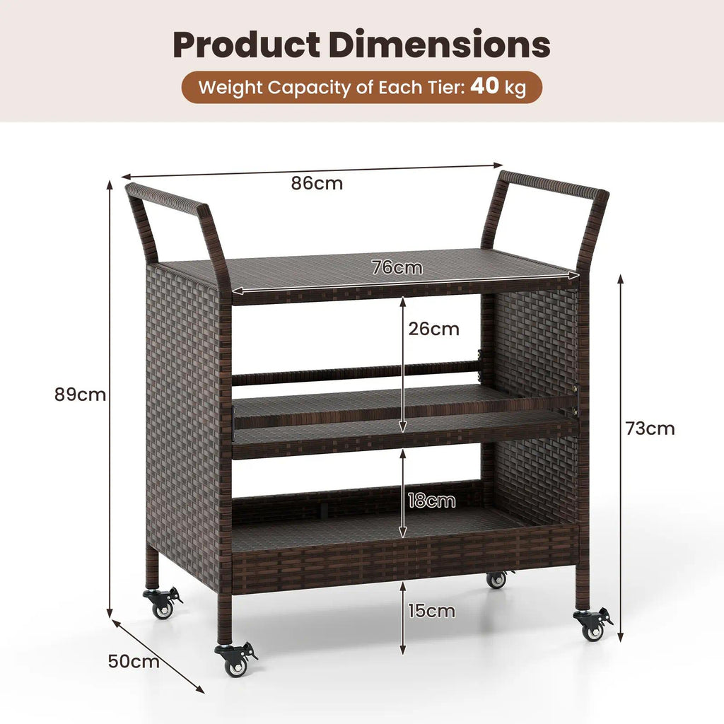 Outdoor Bar Cart, 3‑Tier Patio Rattan Serving Cart with Lockable Universal Wheels, Side Handles & Anti‑Fall Baffles, Versatile Rolling Storage Shelf for Backyard Poolside Porch Party Beverage Dinnerware Organizer