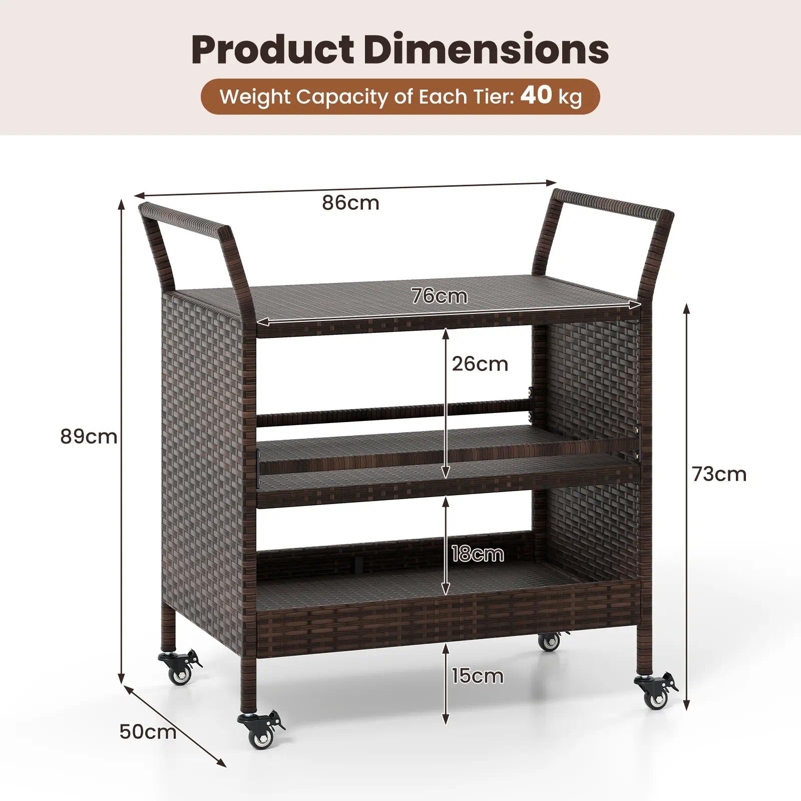 Outdoor Bar Cart, 3‑Tier Patio Rattan Serving Cart with Lockable Universal Wheels, Side Handles & Anti‑Fall Baffles, Versatile Rolling Storage Shelf for Backyard Poolside Porch Party Beverage Dinnerware Organizer