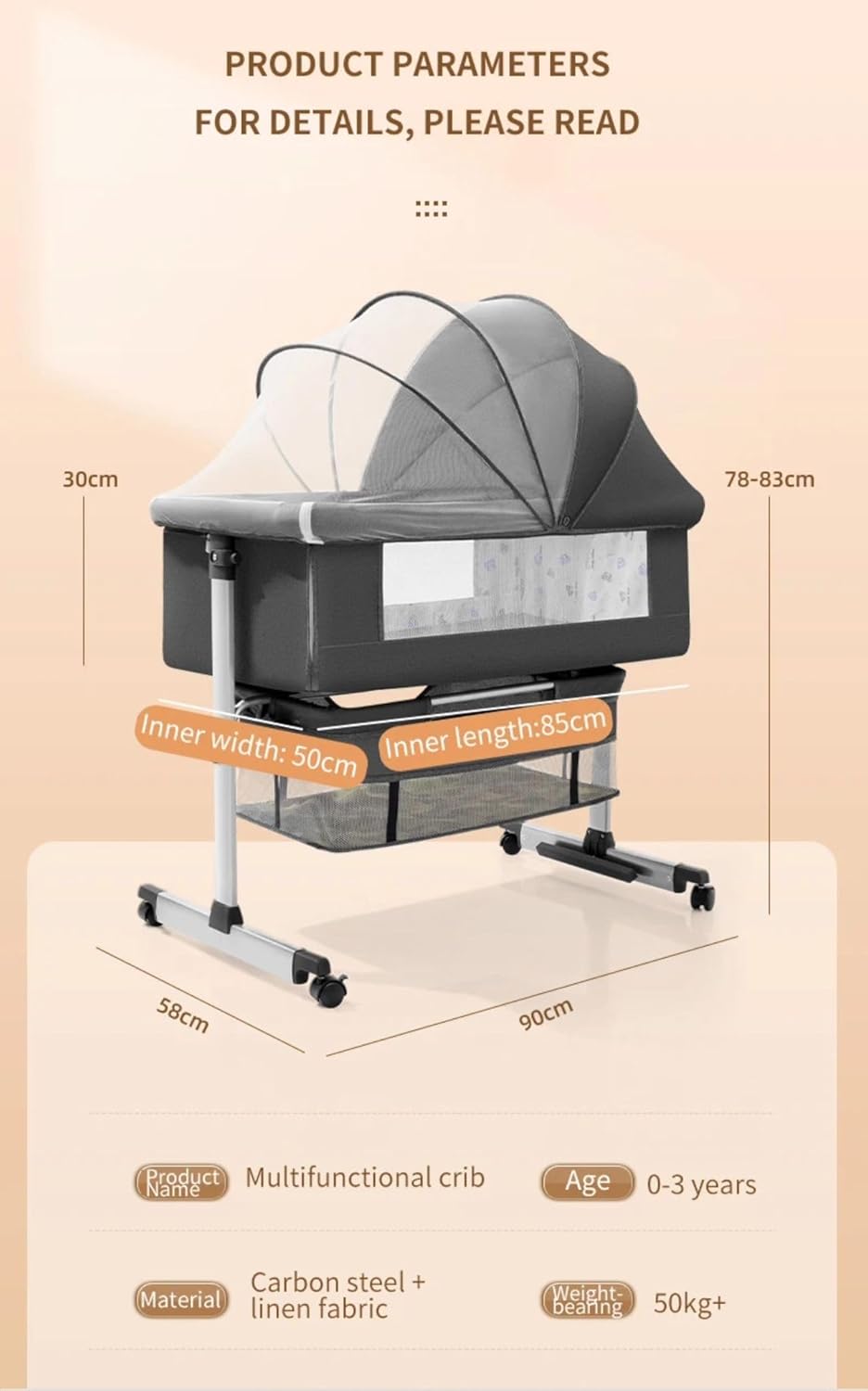 3 in 1 Baby Crib, Baby Cradle, Bassinet, Infant Cot, Bedside Sleeper, Travel Cot, with Mattress and Changing Table, Folding, Adjustable, Rocking, Portable Crib, Mosquito Net and Wheels New