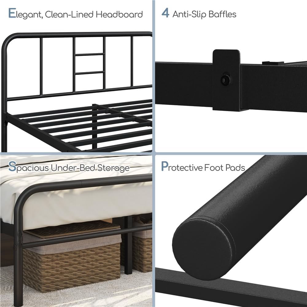 Yaheetech 4ft6 Double Metal Bed Frame Curved Headboard Heavy Duty, Black