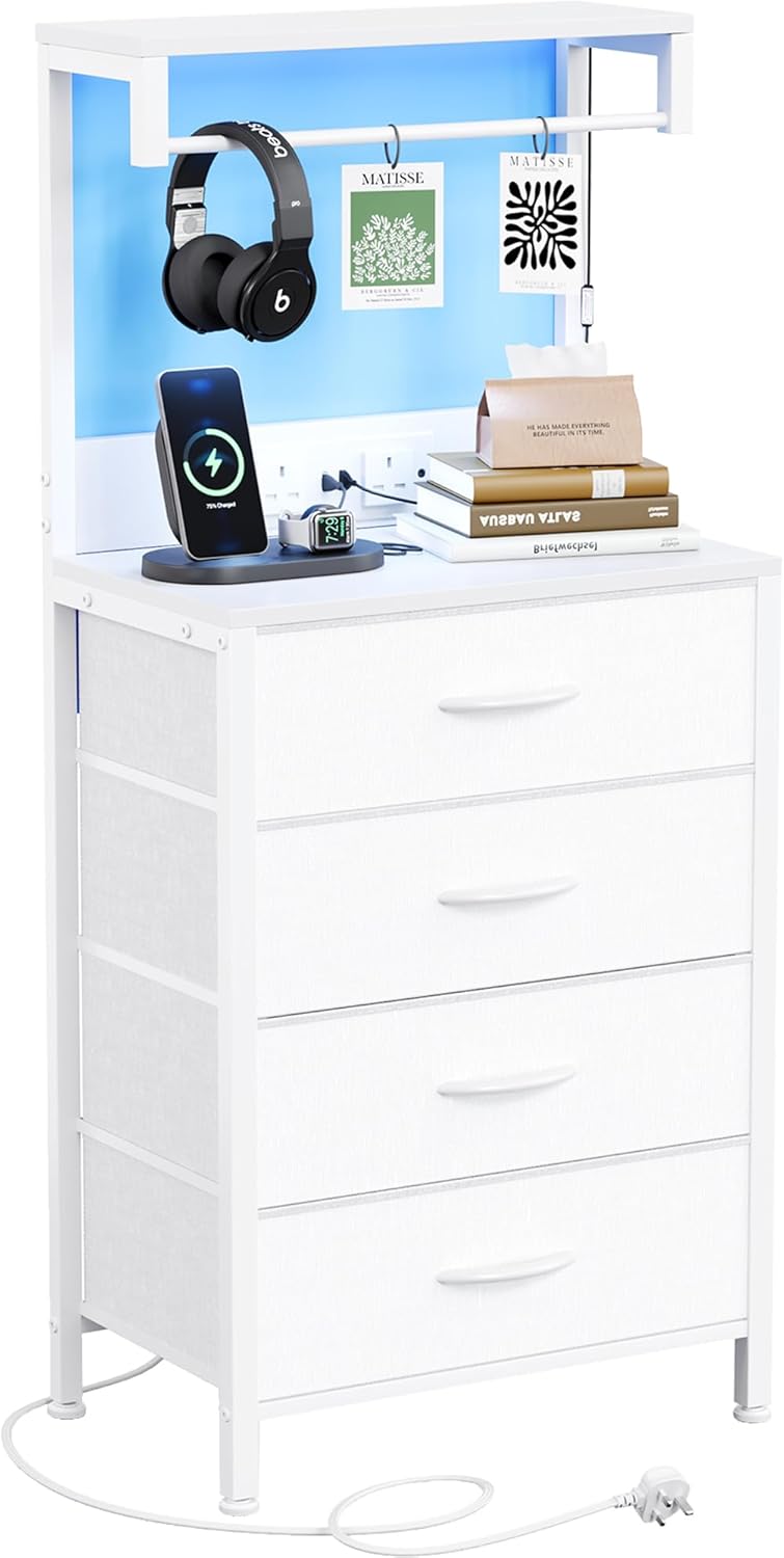 MUTUN Bedside Table with Charging Station, Bedside Cabinet with LED Light, Nightstand with Wood Shelf, 4 Fabric Drawers Side Table for Bedroom, White