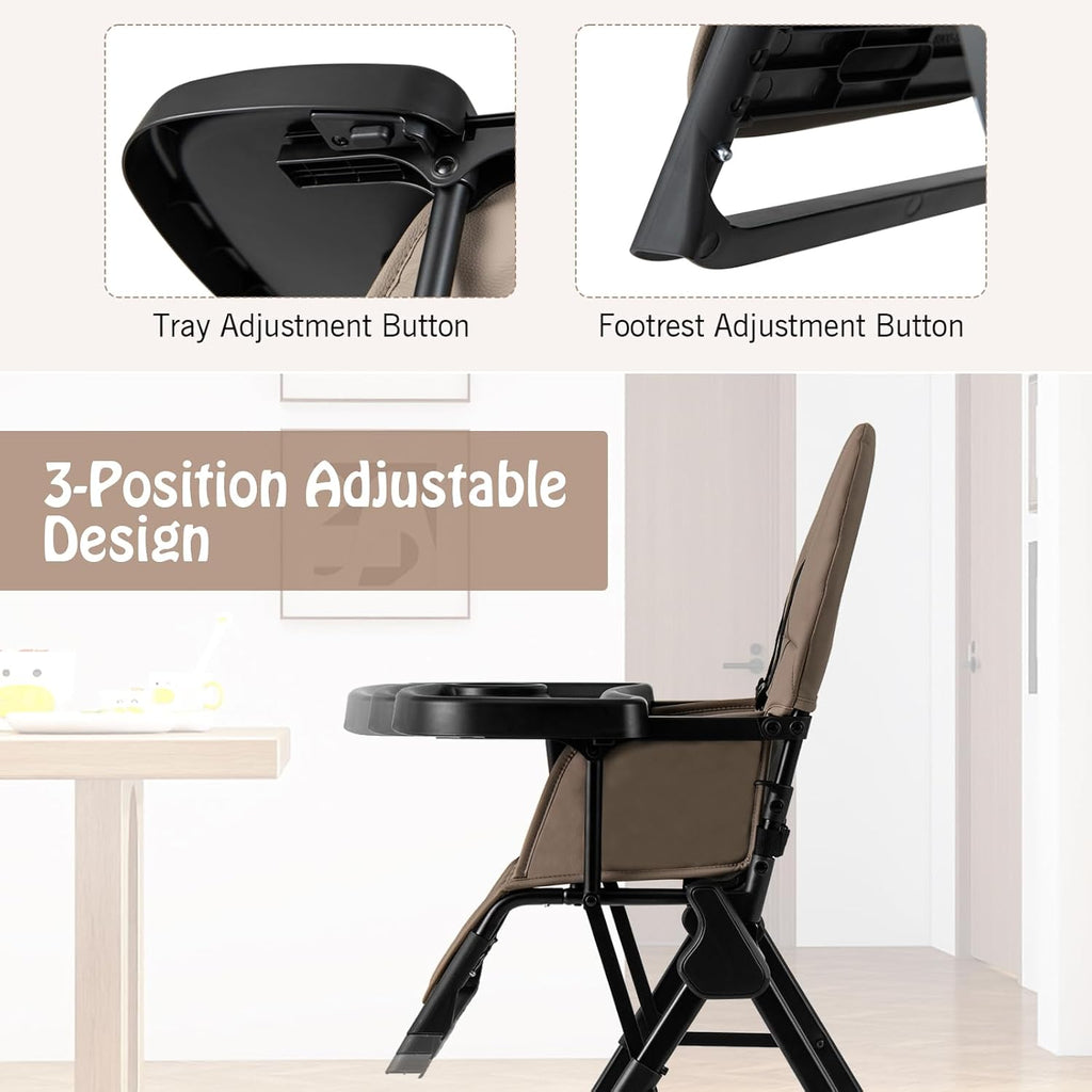 Maxmass Foldable High Chair, Compact High Chair with 3-Position Adjustable Dishwashable Tray, Removable Seat Cushion, 5-Point Safety Harness, Highchair for Baby Infant (Brown with Basket)