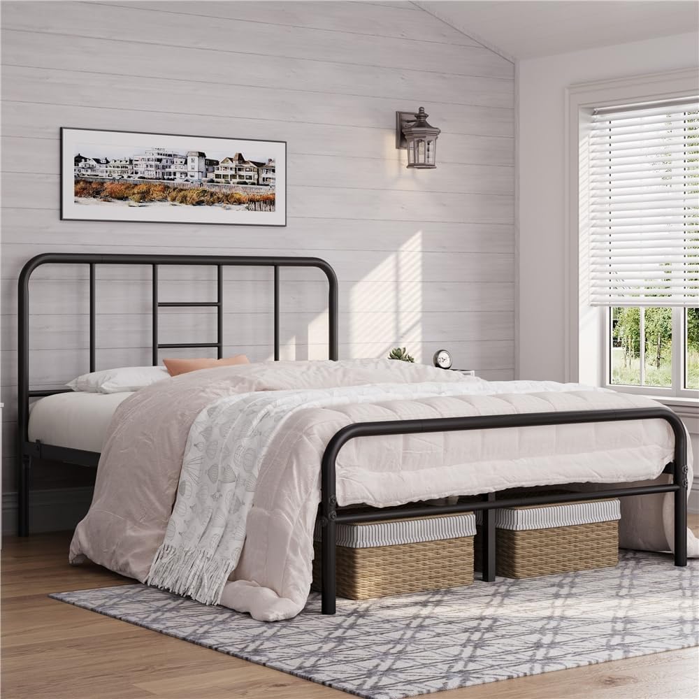Yaheetech 4ft6 Double Metal Bed Frame Curved Headboard Heavy Duty, Black