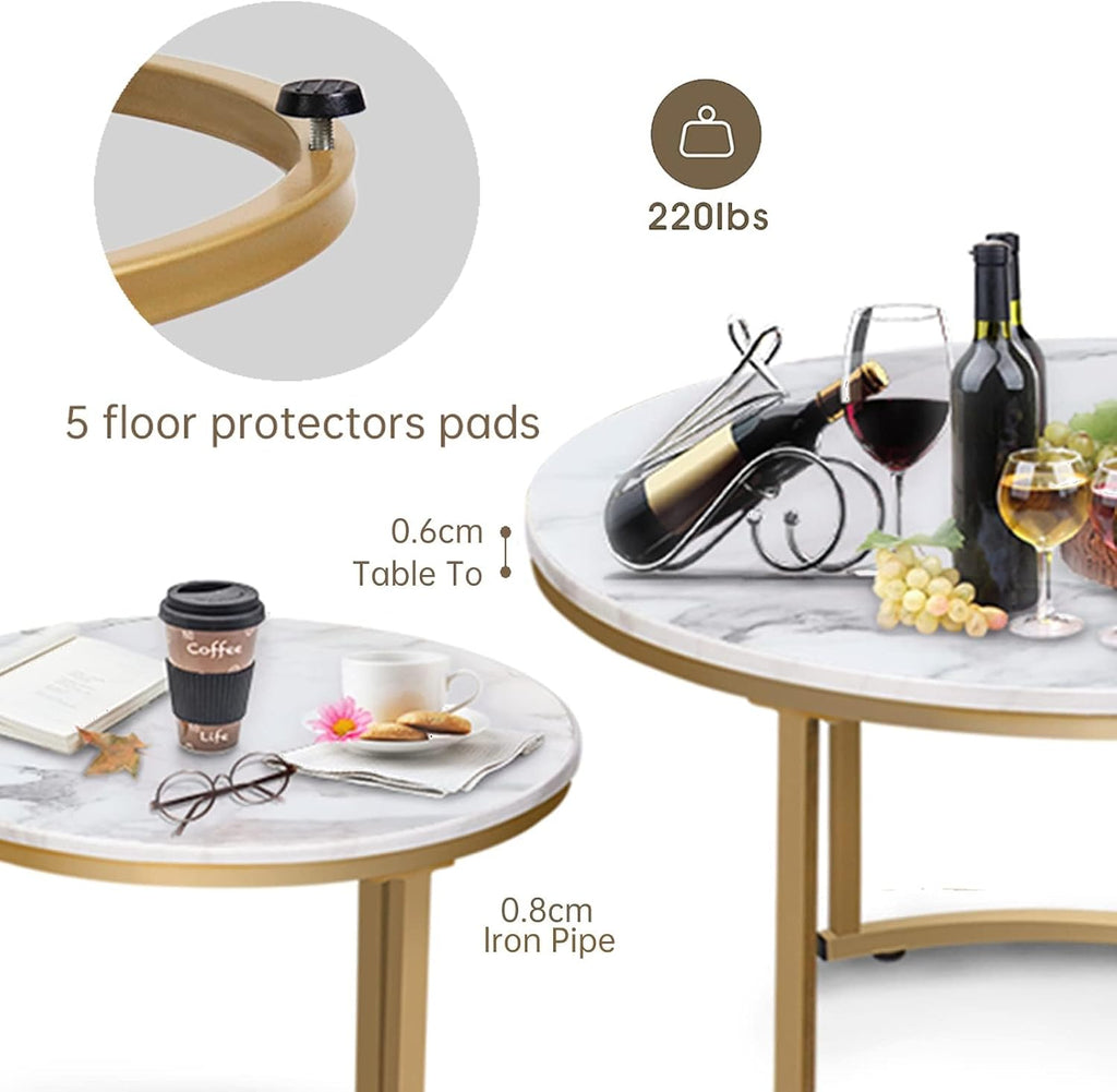 Garden 4 you Round Nesting Coffee Table Set of 2 for Living Room,Marble Center Tea Nest of Table with Metal Frame,End Side table for Small Space/Living Room/Bedroom, White Gold, 60 x 60 x 50.5cm