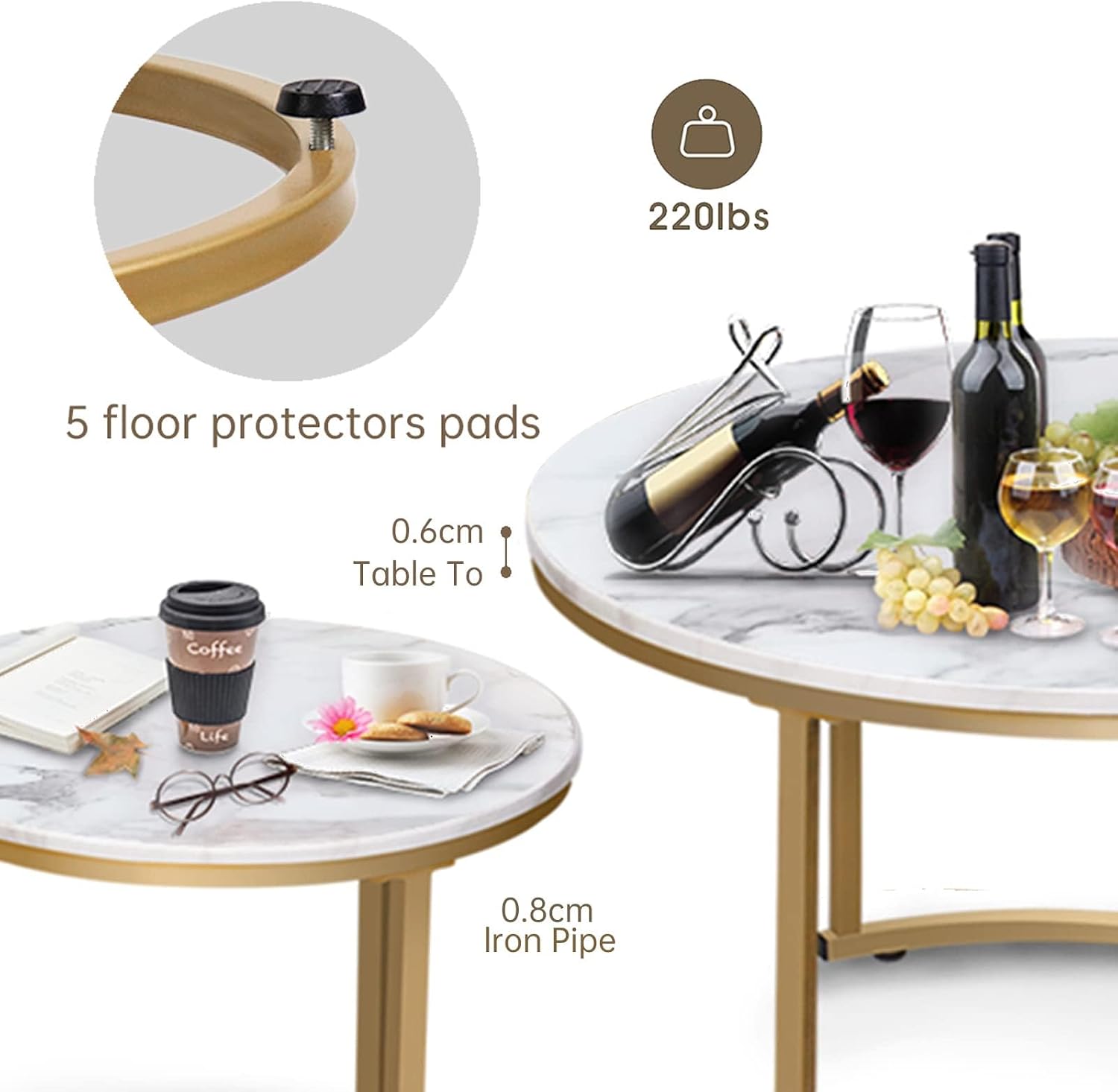 Garden 4 you Round Nesting Coffee Table Set of 2 for Living Room,Marble Center Tea Nest of Table with Metal Frame,End Side table for Small Space/Living Room/Bedroom, White Gold, 60 x 60 x 50.5cm