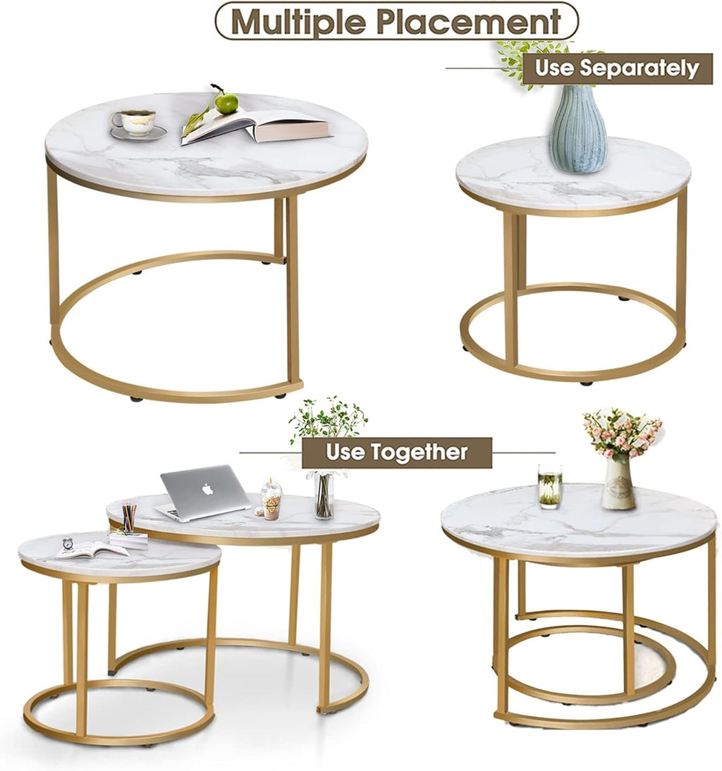 Garden 4 you Round Nesting Coffee Table Set of 2 for Living Room,Marble Center Tea Nest of Table with Metal Frame,End Side table for Small Space/Living Room/Bedroom, White Gold, 60 x 60 x 50.5cm