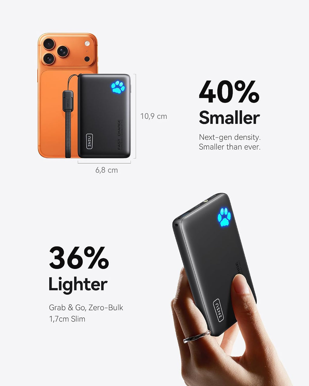 VEN-INIU 45W Fast Charging Power Bank, 40% Smaller 10000mAh Portable Charger