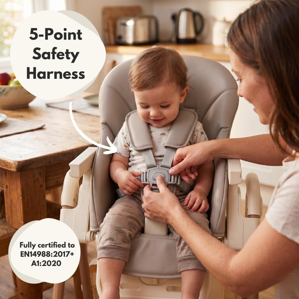 Venture Flare High Chair – Adjustable Highchair with Reclining Seat, Foldable Baby High Chair with Removable Tray & Dishwasher-Safe Liner, Compact Space-Saving Design, 6 Months to 3 Years - Beige