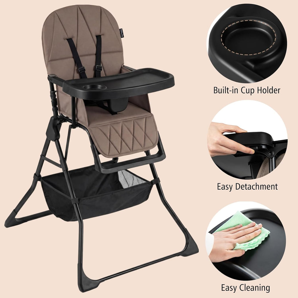 Maxmass Foldable High Chair, Compact High Chair with 3-Position Adjustable Dishwashable Tray, Removable Seat Cushion, 5-Point Safety Harness, Highchair for Baby Infant (Brown with Basket)