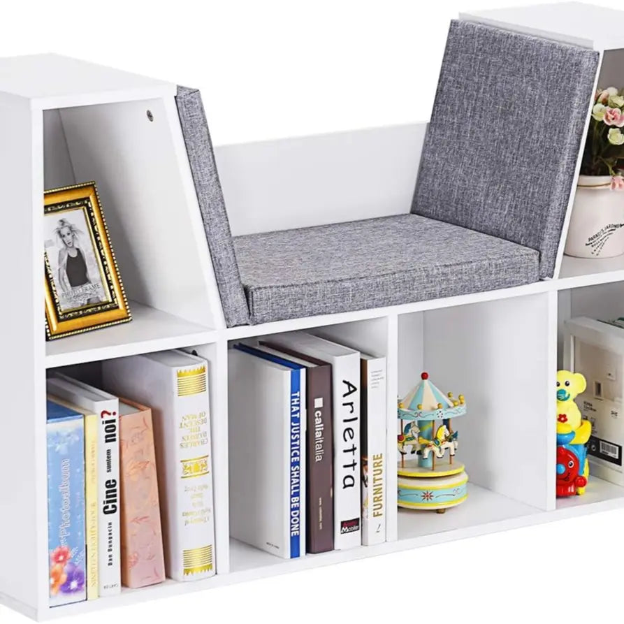 COSTWAY 6-Cube Kids Bookcase, Wooden Display Shelving Unit Organizer with Cushioned Reading Nook, Multi-Functional Storage Shelf Cabinet
