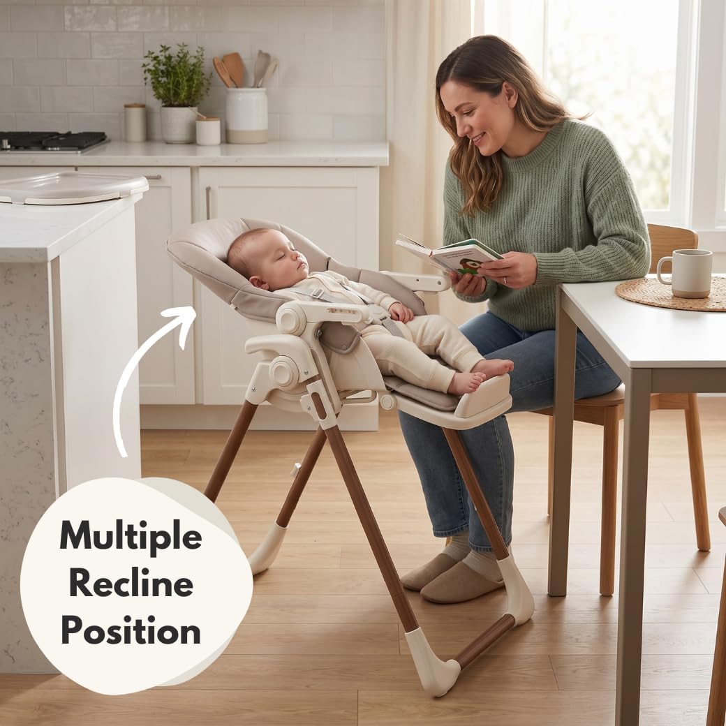 Venture Flare High Chair – Adjustable Highchair with Reclining Seat, Foldable Baby High Chair with Removable Tray & Dishwasher-Safe Liner, Compact Space-Saving Design, 6 Months to 3 Years - Beige
