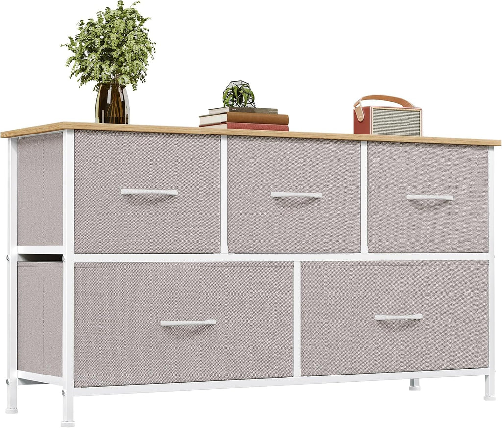 5 Drawers Faux Leather Chest of Drawers Wide Storage Organiser Dresser White Multi-Use Nightstand TV Stand Cabinet for Bedroom Closet Nursery Entryway Hallway 30 x 100 x 55 cm