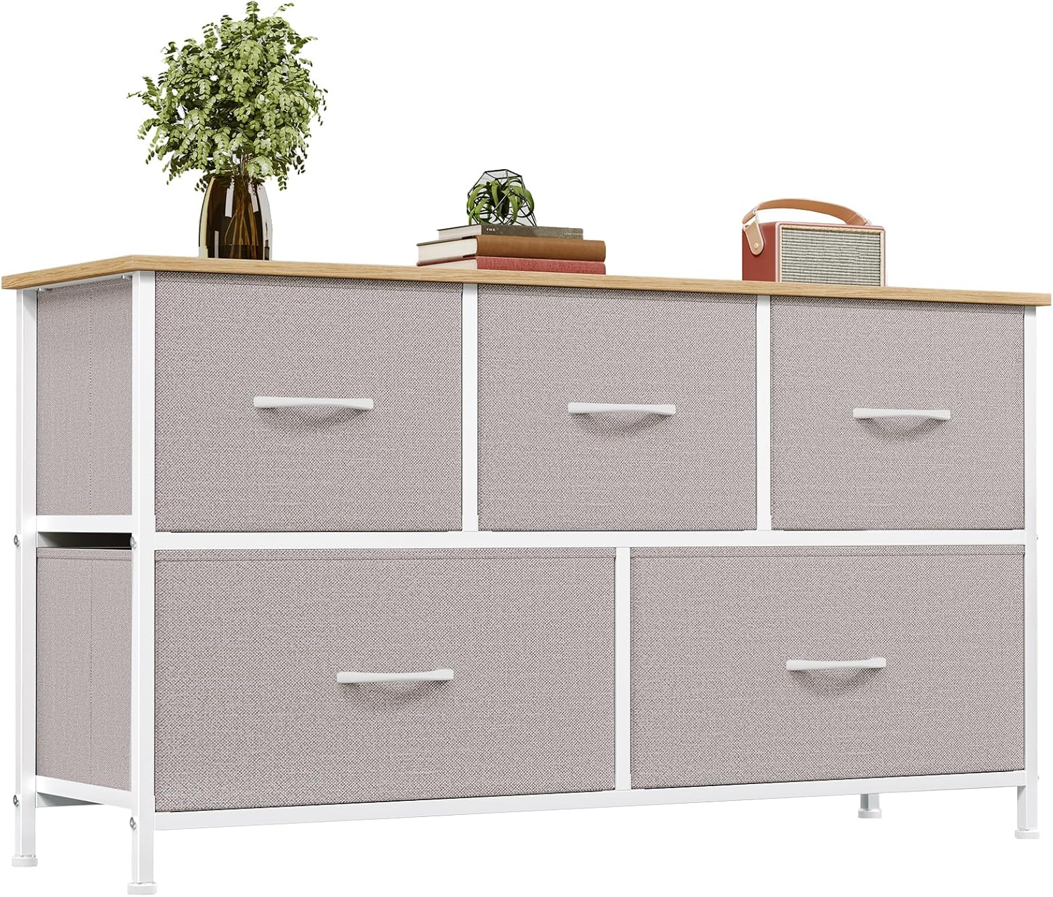 5 Drawers Faux Leather Chest of Drawers Wide Storage Organiser Dresser White Multi-Use Nightstand TV Stand Cabinet for Bedroom Closet Nursery Entryway Hallway 30 x 100 x 55 cm
