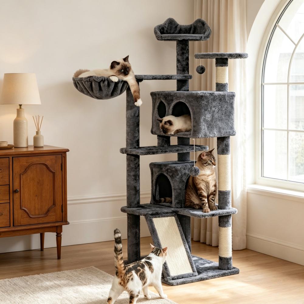 144.5cm Tall Multi-Level Cat Tree with Sisal Scratching Posts, 2 Cozy Condos & Hanging Balls, Large Climbing Tower for Active Kittens and Small Cats, Indoor Play House for Exercise and Rest [Plus A Free Gift]