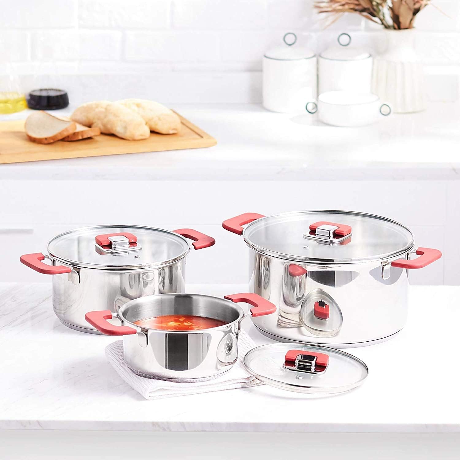 Basics 3‑Piece Stainless Steel Stackable Casserole Cookware Set, Induction Pots with Vented Lids & Soft‑Touch Handles, Dishwasher & Oven‑Safe, 16/20/24 cm