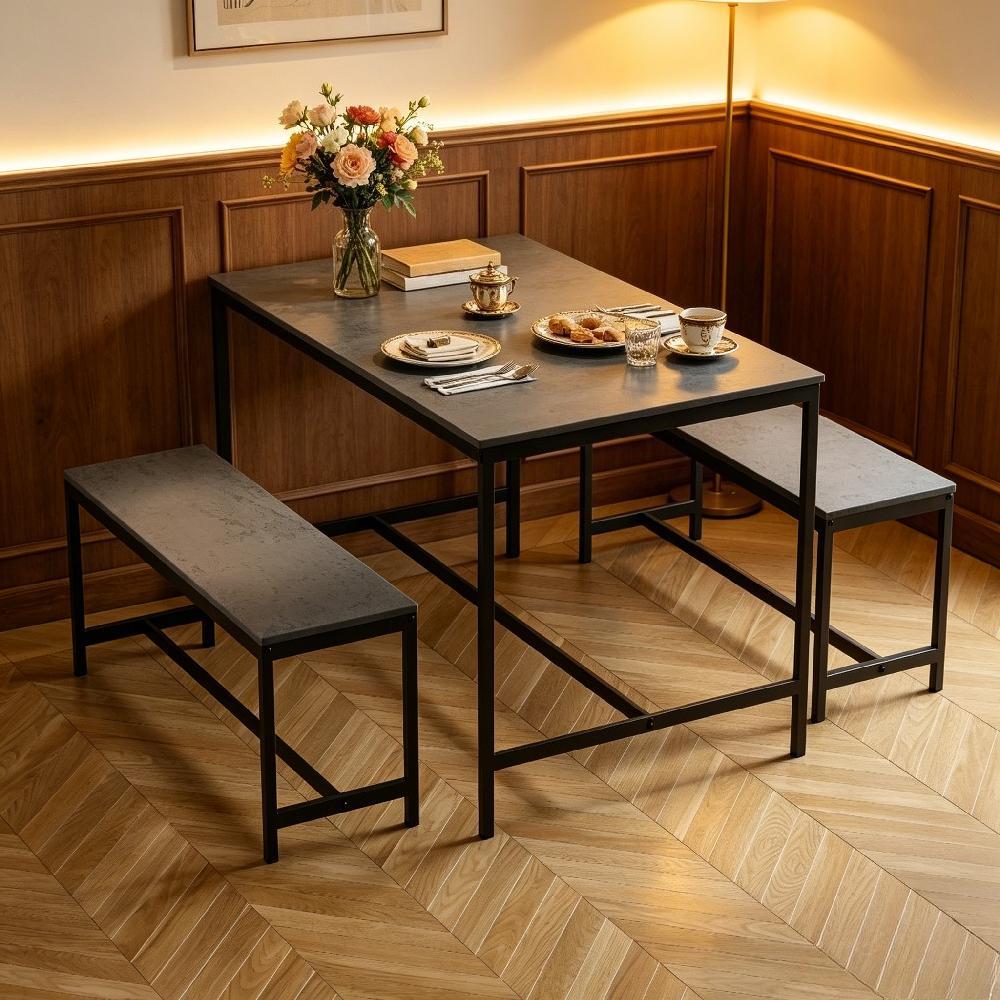 Industrial 4 Seater Dining Set with Bench – Space-Saving 3 Piece Table & Bench for Modern Kitchen [Plus A Free Gift]