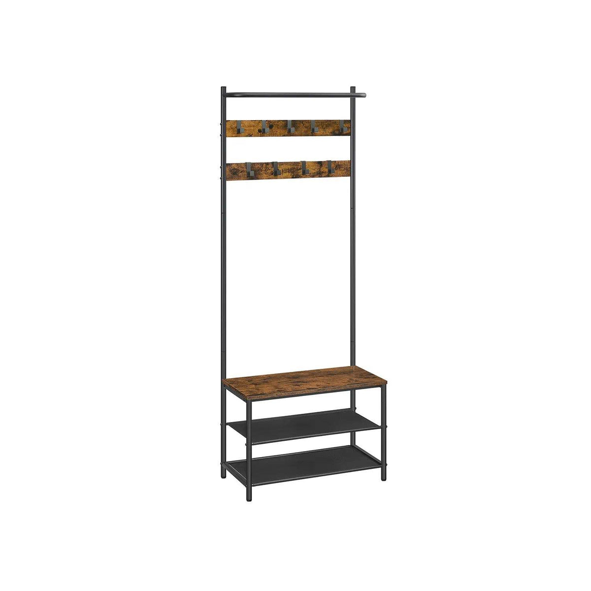 Industrial Style Hall Tree Coat Rack, Entryway Clothes Stand with Bench, Shoe Shelves & 9 Hooks, Metal Frame Shoe Bench Organizer for Hallway Cloakroom Home Storage