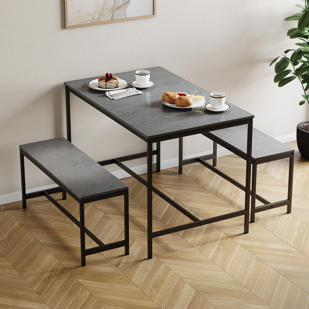 Industrial 3‑Piece Dining Table & Bench Set, 4‑Seater Space‑Saving Kitchen Dining Furniture, Heavy‑Duty Powder‑Coated Metal Frame & Durable MDF Tabletop for Dining Room, Small Apartment