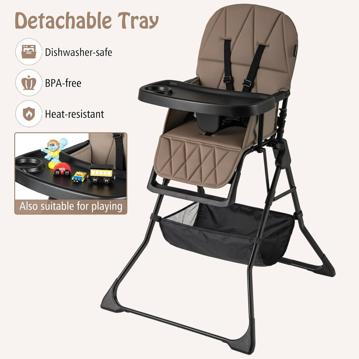 Maxmass Foldable High Chair, Compact High Chair with 3-Position Adjustable Dishwashable Tray, Removable Seat Cushion, 5-Point Safety Harness, Highchair for Baby Infant (Brown with Basket)
