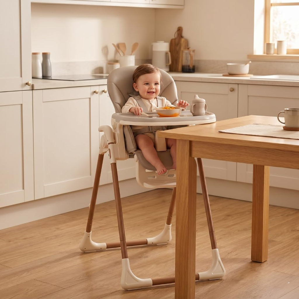 Venture Flare High Chair – Adjustable Highchair with Reclining Seat, Foldable Baby High Chair with Removable Tray & Dishwasher-Safe Liner, Compact Space-Saving Design, 6 Months to 3 Years - Beige